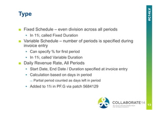 Type
■ Fixed Schedule – even division across all periods
▪ In 11i, called Fixed Duration
■ Variable Schedule – number of periods is specified during
invoice entry
▪ Can specify % for first period
▪ In 11i, called Variable Duration
■ Daily Revenue Rate, All Periods
▪ Start Date, End Date / Duration specified at invoice entry
▪ Calculation based on days in period
— Partial period counted as days left in period
▪ Added to 11i in PF.G via patch 5684129
 