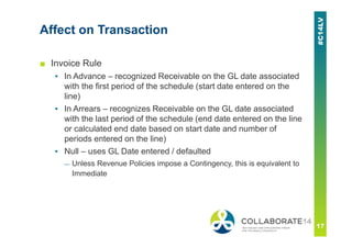 Affect on Transaction
■ Invoice Rule
▪ In Advance – recognized Receivable on the GL date associated
with the first period of the schedule (start date entered on the
line)
▪ In Arrears – recognizes Receivable on the GL date associated
with the last period of the schedule (end date entered on the line
or calculated end date based on start date and number of
periods entered on the line)
▪ Null – uses GL Date entered / defaulted
— Unless Revenue Policies impose a Contingency, this is equivalent to
Immediate
 