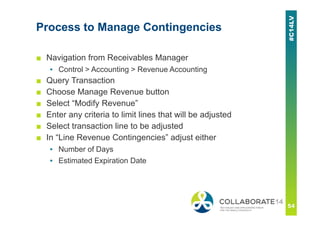 Process to Manage Contingencies
■ Navigation from Receivables Manager
▪ Control > Accounting > Revenue Accounting
■ Query Transaction
■ Choose Manage Revenue button
■ Select “Modify Revenue”
■ Enter any criteria to limit lines that will be adjusted
■ Select transaction line to be adjusted
■ In “Line Revenue Contingencies” adjust either
▪ Number of Days
▪ Estimated Expiration Date
 