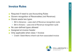 Invoice Rules
■ Required if need to use Accounting Rules
■ Govern recognition of Receivables (not Revenue)
■ Oracle seeds two types
▪ Bill in Advance – uses start of Revenue recognition cycle
▪ Bill in Arrears – uses end of Revenue recognition cycle
■ No user-defined types allowed
■ Assigned at invoice header
■ Only applicable when class = Invoice
▪ Credit / Debit Memo inherit rule from associated invoice
 
