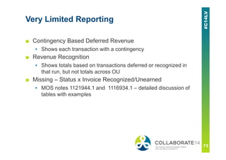 Very Limited Reporting
■ Contingency Based Deferred Revenue
▪ Shows each transaction with a contingency
■ Revenue Recognition
▪ Shows totals based on transactions deferred or recognized in
that run, but not totals across OU
■ Missing – Status x Invoice Recognized/Unearned
▪ MOS notes 1121944.1 and 1116934.1 – detailed discussion of
tables with examples
 