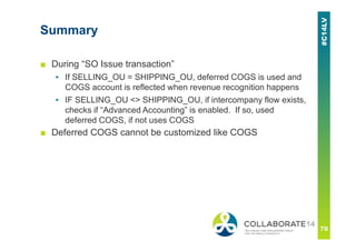 Summary
■ During “SO Issue transaction”
▪ If SELLING_OU = SHIPPING_OU, deferred COGS is used and
COGS account is reflected when revenue recognition happens
▪ IF SELLING_OU <> SHIPPING_OU, if intercompany flow exists,
checks if “Advanced Accounting” is enabled. If so, used
deferred COGS, if not uses COGS
■ Deferred COGS cannot be customized like COGS
 