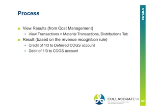 Process
■ View Results (from Cost Management)
▪ View Transactions > Material Transactions, Distributions Tab
■ Result (based on the revenue recognition rule)
▪ Credit of 1/3 to Deferred COGS account
▪ Debit of 1/3 to COGS account
 