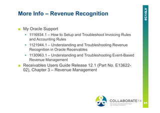 More Info – Revenue Recognition
■ My Oracle Support
▪ 1116934.1 – How to Setup and Troubleshoot Invoicing Rules
and Accounting Rules
▪ 1121944.1 – Understanding and Troubleshooting Revenue
Recognition in Oracle Receivables
▪ 1130963.1 – Understanding and Troubleshooting Event-Based
Revenue Management
■ Receivables Users Guide Release 12.1 (Part No. E13622-
02), Chapter 3 – Revenue Management
 