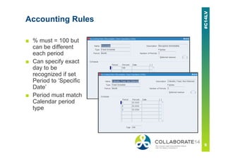 Accounting Rules
■ % must = 100 but
can be different
each period
■ Can specify exact
day to be
recognized if set
Period to ‘Specific
Date’
■ Period must match
Calendar period
type
 