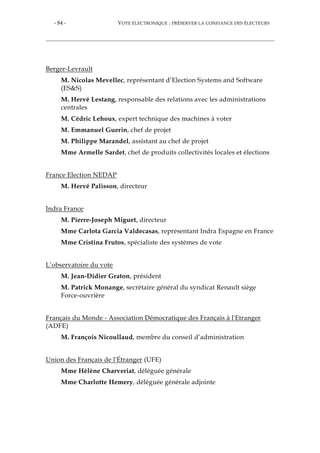 - 84 - VOTE ÉLECTRONIQUE : PRÉSERVER LA CONFIANCE DES ÉLECTEURS
Berger-Levrault
M. Nicolas Mevellec, représentant d’Election Systems and Software
(ES&S)
M. Hervé Lestang, responsable des relations avec les administrations
centrales
M. Cédric Lehoux, expert technique des machines à voter
M. Emmanuel Guerin, chef de projet
M. Philippe Marandel, assistant au chef de projet
Mme Armelle Sardet, chef de produits collectivités locales et élections
France Election NEDAP
M. Hervé Palisson, directeur
Indra France
M. Pierre-Joseph Miguet, directeur
Mme Carlota Garcia Valdecasas, représentant Indra Espagne en France
Mme Cristina Frutos, spécialiste des systèmes de vote
L’observatoire du vote
M. Jean-Didier Graton, président
M. Patrick Monange, secrétaire général du syndicat Renault siège
Force-ouvrière
Français du Monde - Association Démocratique des Français à l'Etranger
(ADFE)
M. François Nicoullaud, membre du conseil d’administration
Union des Français de l'Étranger (UFE)
Mme Hélène Charveriat, déléguée générale
Mme Charlotte Hemery, déléguée générale adjointe
 