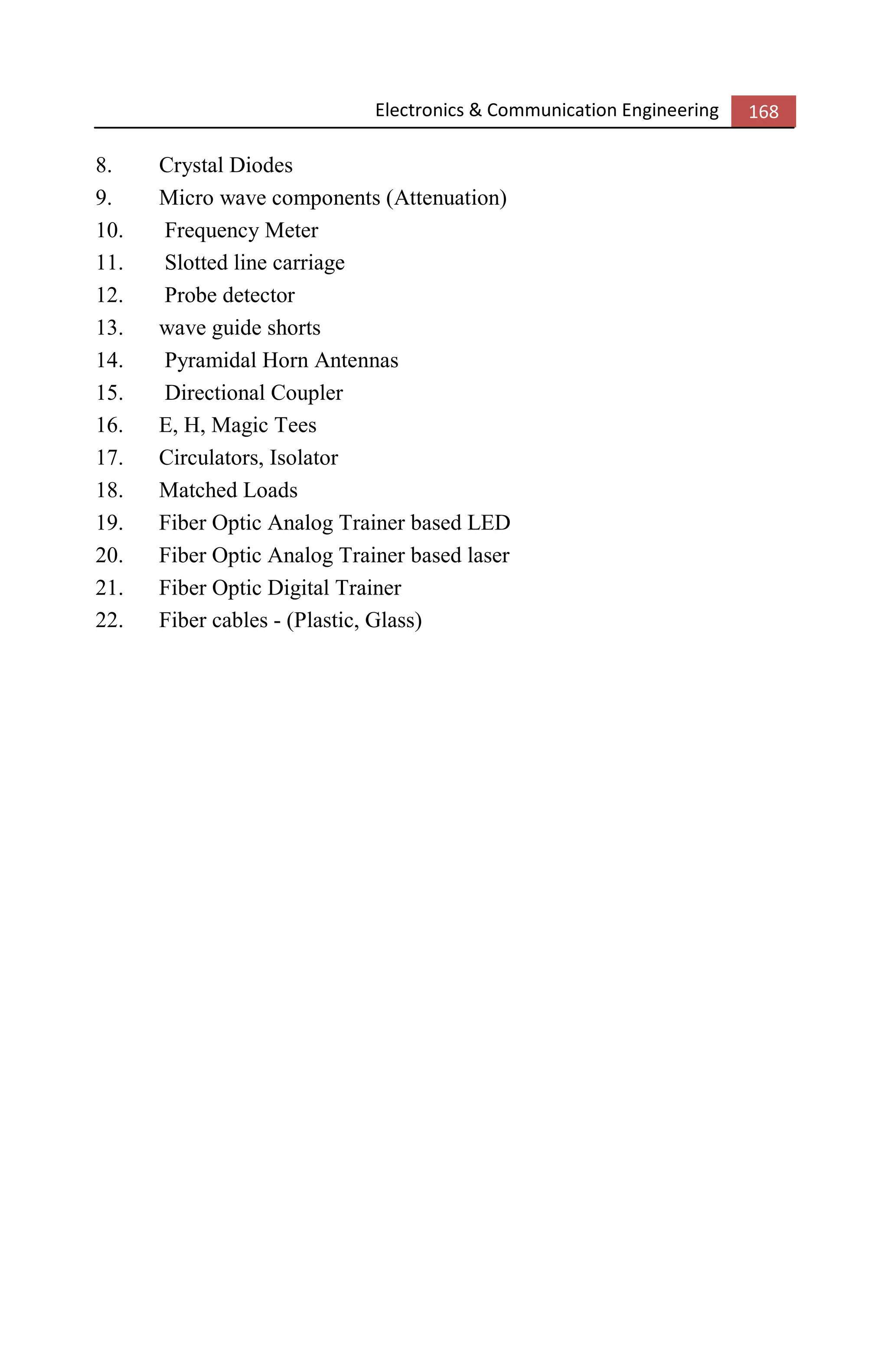 Electronics & Communication Engineering 168
8. Crystal Diodes
9. Micro wave components (Attenuation)
10. Frequency Meter
11. Slotted line carriage
12. Probe detector
13. wave guide shorts
14. Pyramidal Horn Antennas
15. Directional Coupler
16. E, H, Magic Tees
17. Circulators, Isolator
18. Matched Loads
19. Fiber Optic Analog Trainer based LED
20. Fiber Optic Analog Trainer based laser
21. Fiber Optic Digital Trainer
22. Fiber cables - (Plastic, Glass)
 