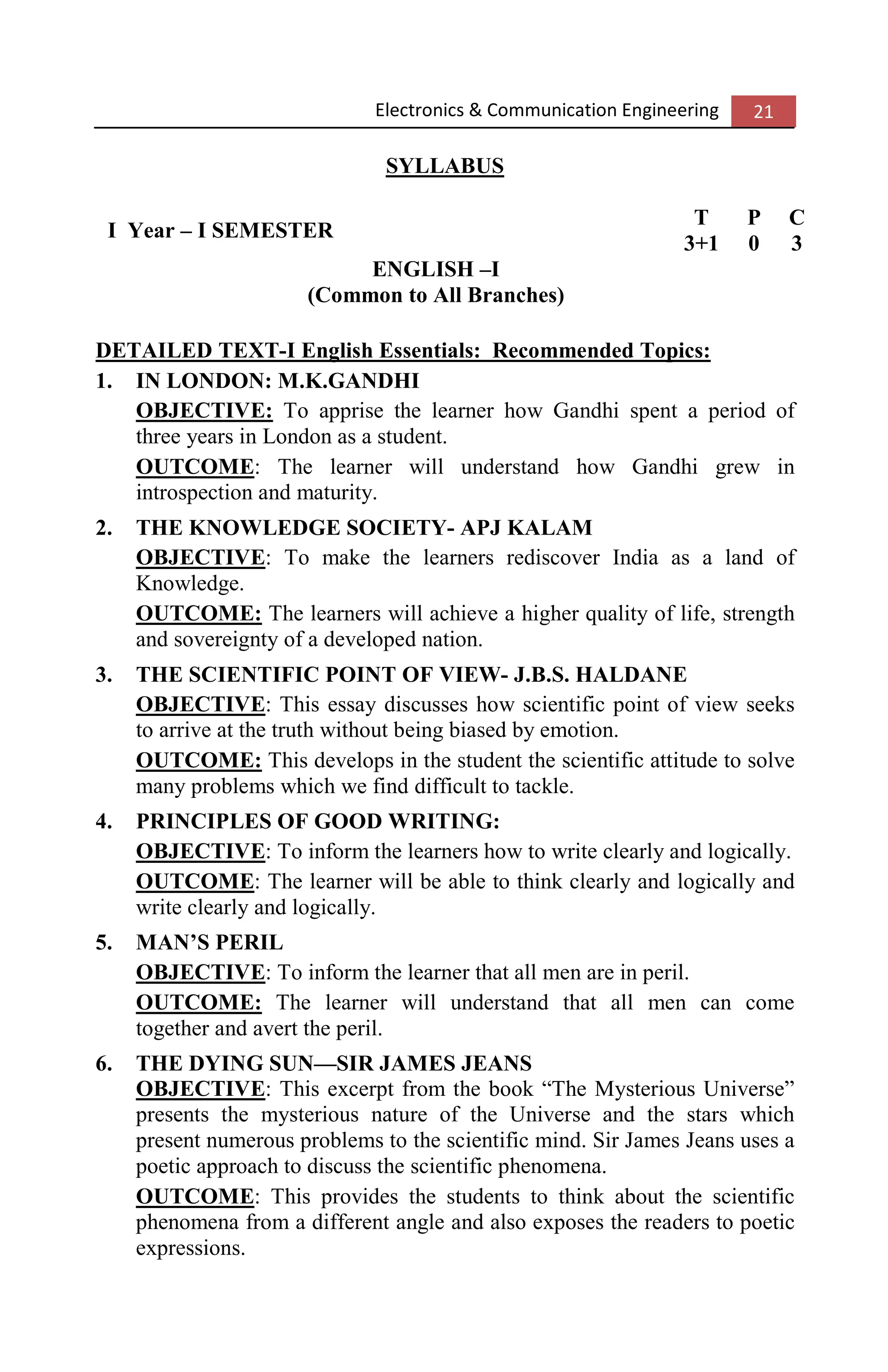 Electronics & Communication Engineering 21
SYLLABUS
I Year – I SEMESTER
T P C
3+1 0 3
ENGLISH –I
(Common to All Branches)
DETAILED TEXT-I English Essentials: Recommended Topics:
1. IN LONDON: M.K.GANDHI
OBJECTIVE: To apprise the learner how Gandhi spent a period of
three years in London as a student.
OUTCOME: The learner will understand how Gandhi grew in
introspection and maturity.
2. THE KNOWLEDGE SOCIETY- APJ KALAM
OBJECTIVE: To make the learners rediscover India as a land of
Knowledge.
OUTCOME: The learners will achieve a higher quality of life, strength
and sovereignty of a developed nation.
3. THE SCIENTIFIC POINT OF VIEW- J.B.S. HALDANE
OBJECTIVE: This essay discusses how scientific point of view seeks
to arrive at the truth without being biased by emotion.
OUTCOME: This develops in the student the scientific attitude to solve
many problems which we find difficult to tackle.
4. PRINCIPLES OF GOOD WRITING:
OBJECTIVE: To inform the learners how to write clearly and logically.
OUTCOME: The learner will be able to think clearly and logically and
write clearly and logically.
5. MAN’S PERIL
OBJECTIVE: To inform the learner that all men are in peril.
OUTCOME: The learner will understand that all men can come
together and avert the peril.
6. THE DYING SUN—SIR JAMES JEANS
OBJECTIVE: This excerpt from the book “The Mysterious Universe”
presents the mysterious nature of the Universe and the stars which
present numerous problems to the scientific mind. Sir James Jeans uses a
poetic approach to discuss the scientific phenomena.
OUTCOME: This provides the students to think about the scientific
phenomena from a different angle and also exposes the readers to poetic
expressions.
 