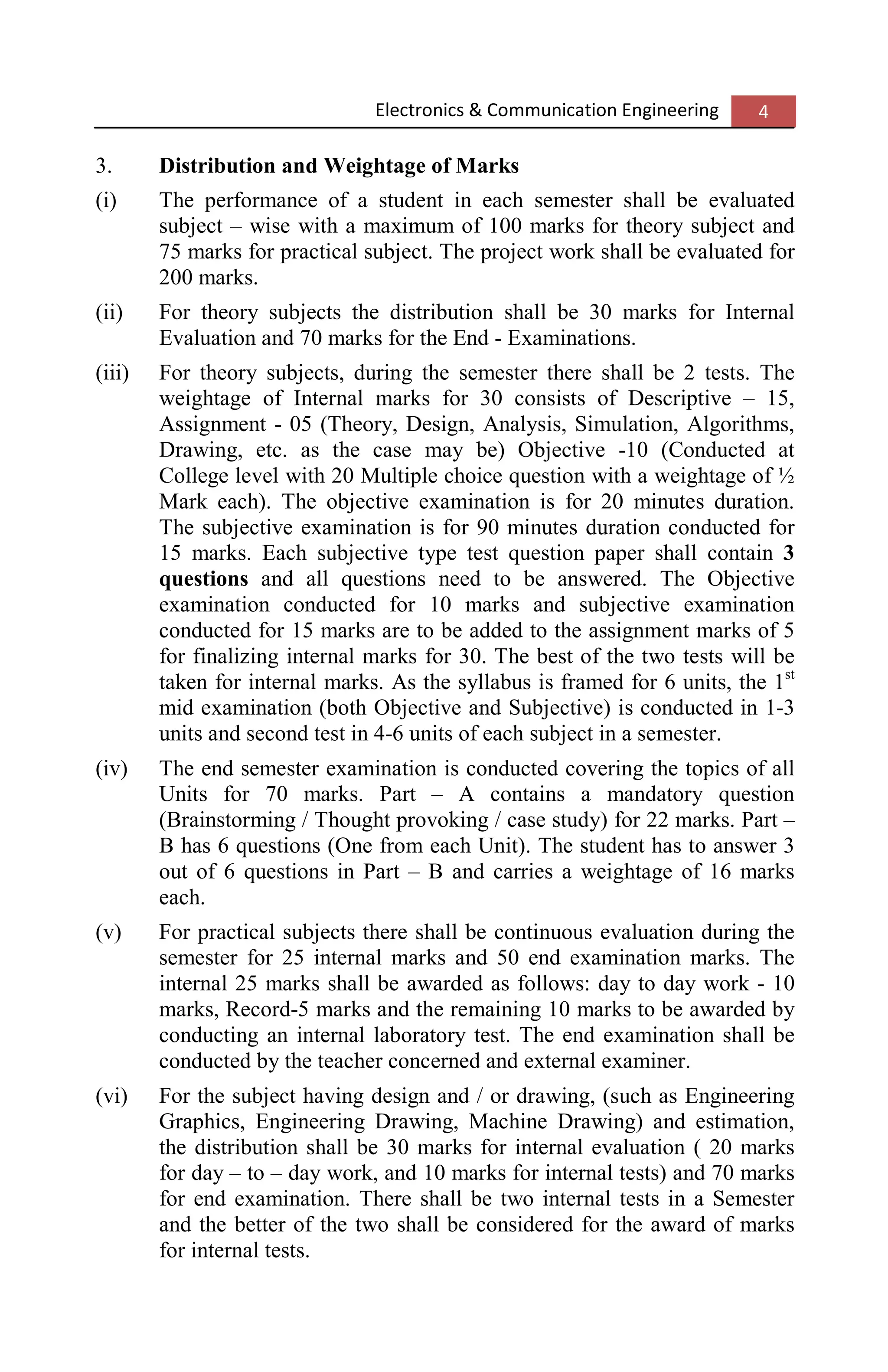 Electronics & Communication Engineering 4
3. Distribution and Weightage of Marks
(i) The performance of a student in each semester shall be evaluated
subject – wise with a maximum of 100 marks for theory subject and
75 marks for practical subject. The project work shall be evaluated for
200 marks.
(ii) For theory subjects the distribution shall be 30 marks for Internal
Evaluation and 70 marks for the End - Examinations.
(iii) For theory subjects, during the semester there shall be 2 tests. The
weightage of Internal marks for 30 consists of Descriptive – 15,
Assignment - 05 (Theory, Design, Analysis, Simulation, Algorithms,
Drawing, etc. as the case may be) Objective -10 (Conducted at
College level with 20 Multiple choice question with a weightage of ½
Mark each). The objective examination is for 20 minutes duration.
The subjective examination is for 90 minutes duration conducted for
15 marks. Each subjective type test question paper shall contain 3
questions and all questions need to be answered. The Objective
examination conducted for 10 marks and subjective examination
conducted for 15 marks are to be added to the assignment marks of 5
for finalizing internal marks for 30. The best of the two tests will be
taken for internal marks. As the syllabus is framed for 6 units, the 1st
mid examination (both Objective and Subjective) is conducted in 1-3
units and second test in 4-6 units of each subject in a semester.
(iv) The end semester examination is conducted covering the topics of all
Units for 70 marks. Part – A contains a mandatory question
(Brainstorming / Thought provoking / case study) for 22 marks. Part –
B has 6 questions (One from each Unit). The student has to answer 3
out of 6 questions in Part – B and carries a weightage of 16 marks
each.
(v) For practical subjects there shall be continuous evaluation during the
semester for 25 internal marks and 50 end examination marks. The
internal 25 marks shall be awarded as follows: day to day work - 10
marks, Record-5 marks and the remaining 10 marks to be awarded by
conducting an internal laboratory test. The end examination shall be
conducted by the teacher concerned and external examiner.
(vi) For the subject having design and / or drawing, (such as Engineering
Graphics, Engineering Drawing, Machine Drawing) and estimation,
the distribution shall be 30 marks for internal evaluation ( 20 marks
for day – to – day work, and 10 marks for internal tests) and 70 marks
for end examination. There shall be two internal tests in a Semester
and the better of the two shall be considered for the award of marks
for internal tests.
 