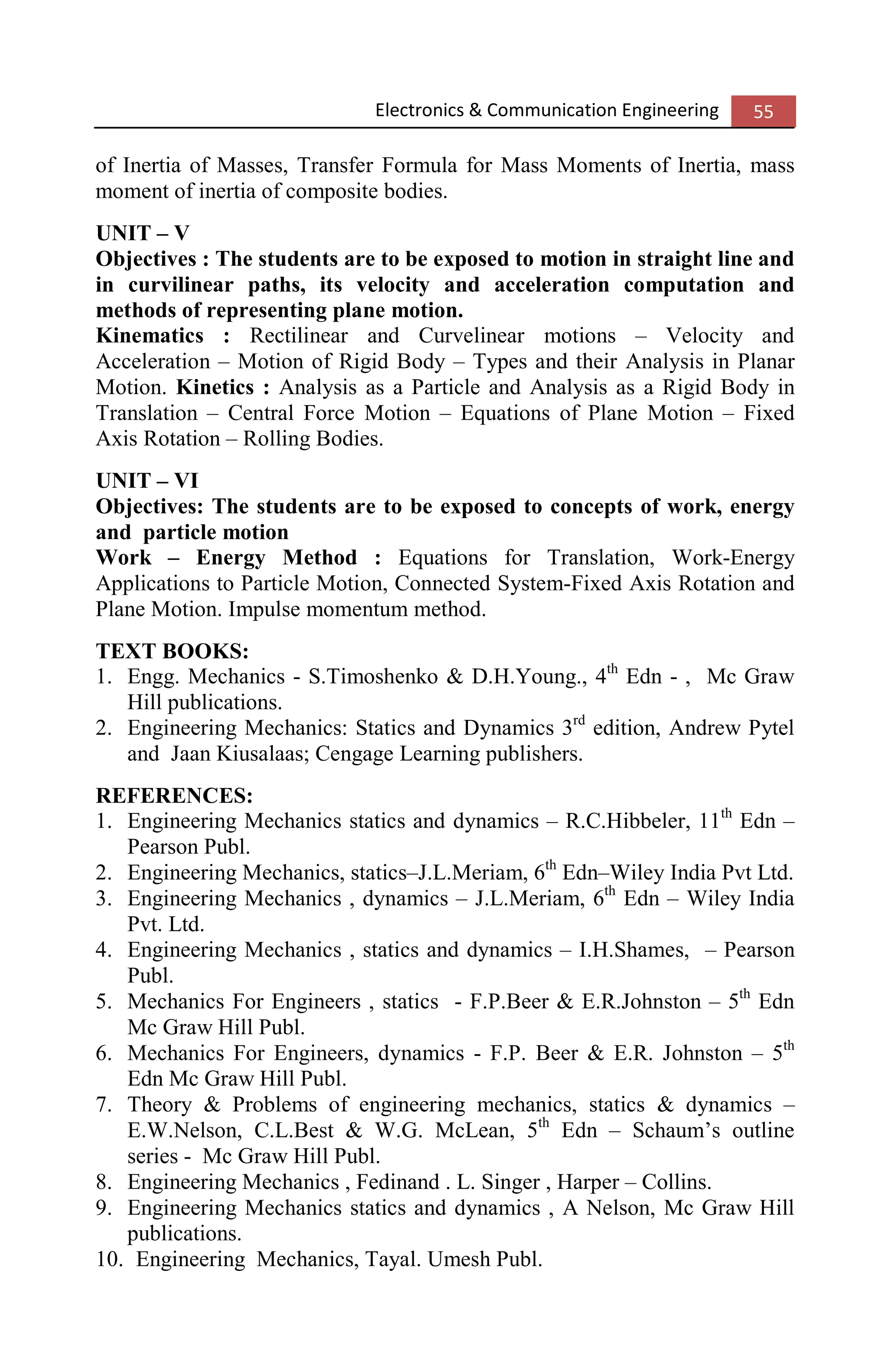 Electronics & Communication Engineering 55
of Inertia of Masses, Transfer Formula for Mass Moments of Inertia, mass
moment of inertia of composite bodies.
UNIT – V
Objectives : The students are to be exposed to motion in straight line and
in curvilinear paths, its velocity and acceleration computation and
methods of representing plane motion.
Kinematics : Rectilinear and Curvelinear motions – Velocity and
Acceleration – Motion of Rigid Body – Types and their Analysis in Planar
Motion. Kinetics : Analysis as a Particle and Analysis as a Rigid Body in
Translation – Central Force Motion – Equations of Plane Motion – Fixed
Axis Rotation – Rolling Bodies.
UNIT – VI
Objectives: The students are to be exposed to concepts of work, energy
and particle motion
Work – Energy Method : Equations for Translation, Work-Energy
Applications to Particle Motion, Connected System-Fixed Axis Rotation and
Plane Motion. Impulse momentum method.
TEXT BOOKS:
1. Engg. Mechanics - S.Timoshenko & D.H.Young., 4th
Edn - , Mc Graw
Hill publications.
2. Engineering Mechanics: Statics and Dynamics 3rd
edition, Andrew Pytel
and Jaan Kiusalaas; Cengage Learning publishers.
REFERENCES:
1. Engineering Mechanics statics and dynamics – R.C.Hibbeler, 11th
Edn –
Pearson Publ.
2. Engineering Mechanics, statics–J.L.Meriam, 6th
Edn–Wiley India Pvt Ltd.
3. Engineering Mechanics , dynamics – J.L.Meriam, 6th
Edn – Wiley India
Pvt. Ltd.
4. Engineering Mechanics , statics and dynamics – I.H.Shames, – Pearson
Publ.
5. Mechanics For Engineers , statics - F.P.Beer & E.R.Johnston – 5th
Edn
Mc Graw Hill Publ.
6. Mechanics For Engineers, dynamics - F.P. Beer & E.R. Johnston – 5th
Edn Mc Graw Hill Publ.
7. Theory & Problems of engineering mechanics, statics & dynamics –
E.W.Nelson, C.L.Best & W.G. McLean, 5th
Edn – Schaum’s outline
series - Mc Graw Hill Publ.
8. Engineering Mechanics , Fedinand . L. Singer , Harper – Collins.
9. Engineering Mechanics statics and dynamics , A Nelson, Mc Graw Hill
publications.
10. Engineering Mechanics, Tayal. Umesh Publ.
 