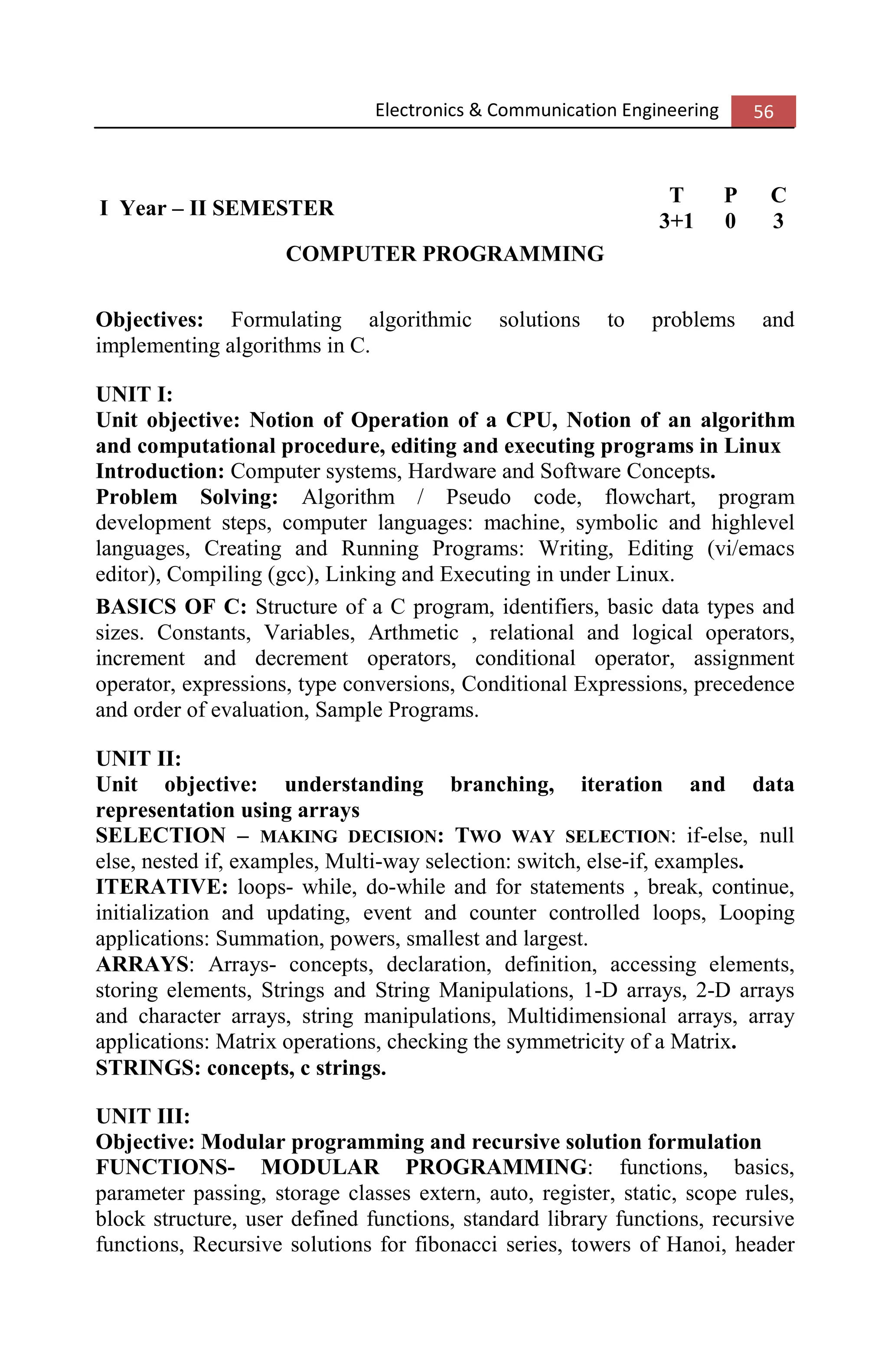 Electronics & Communication Engineering 56
I Year – II SEMESTER
T P C
3+1 0 3
COMPUTER PROGRAMMING
Objectives: Formulating algorithmic solutions to problems and
implementing algorithms in C.
UNIT I:
Unit objective: Notion of Operation of a CPU, Notion of an algorithm
and computational procedure, editing and executing programs in Linux
Introduction: Computer systems, Hardware and Software Concepts.
Problem Solving: Algorithm / Pseudo code, flowchart, program
development steps, computer languages: machine, symbolic and highlevel
languages, Creating and Running Programs: Writing, Editing (vi/emacs
editor), Compiling (gcc), Linking and Executing in under Linux.
BASICS OF C: Structure of a C program, identifiers, basic data types and
sizes. Constants, Variables, Arthmetic , relational and logical operators,
increment and decrement operators, conditional operator, assignment
operator, expressions, type conversions, Conditional Expressions, precedence
and order of evaluation, Sample Programs.
UNIT II:
Unit objective: understanding branching, iteration and data
representation using arrays
SELECTION – MAKING DECISION: TWO WAY SELECTION: if-else, null
else, nested if, examples, Multi-way selection: switch, else-if, examples.
ITERATIVE: loops- while, do-while and for statements , break, continue,
initialization and updating, event and counter controlled loops, Looping
applications: Summation, powers, smallest and largest.
ARRAYS: Arrays- concepts, declaration, definition, accessing elements,
storing elements, Strings and String Manipulations, 1-D arrays, 2-D arrays
and character arrays, string manipulations, Multidimensional arrays, array
applications: Matrix operations, checking the symmetricity of a Matrix.
STRINGS: concepts, c strings.
UNIT III:
Objective: Modular programming and recursive solution formulation
FUNCTIONS- MODULAR PROGRAMMING: functions, basics,
parameter passing, storage classes extern, auto, register, static, scope rules,
block structure, user defined functions, standard library functions, recursive
functions, Recursive solutions for fibonacci series, towers of Hanoi, header
 