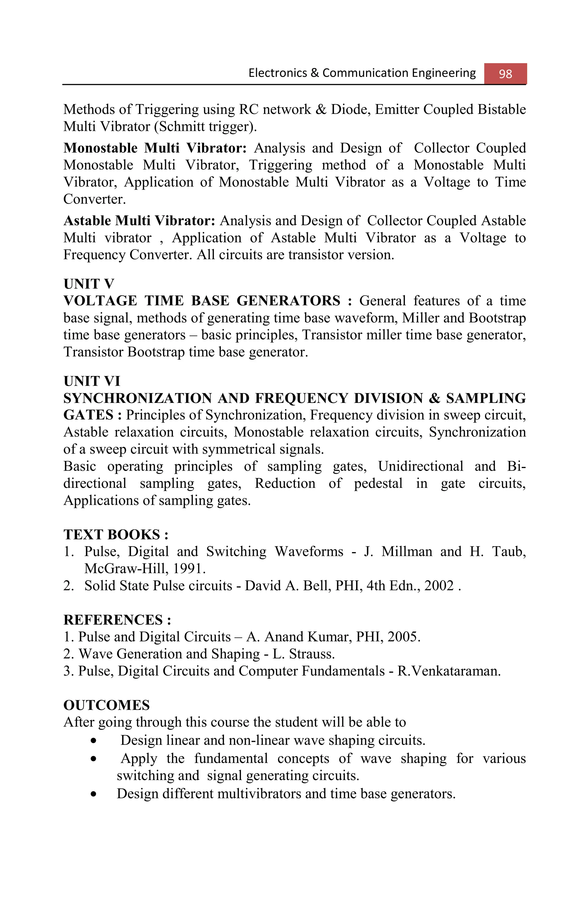 Electronics & Communication Engineering 98
Methods of Triggering using RC network & Diode, Emitter Coupled Bistable
Multi Vibrator (Schmitt trigger).
Monostable Multi Vibrator: Analysis and Design of Collector Coupled
Monostable Multi Vibrator, Triggering method of a Monostable Multi
Vibrator, Application of Monostable Multi Vibrator as a Voltage to Time
Converter.
Astable Multi Vibrator: Analysis and Design of Collector Coupled Astable
Multi vibrator , Application of Astable Multi Vibrator as a Voltage to
Frequency Converter. All circuits are transistor version.
UNIT V
VOLTAGE TIME BASE GENERATORS : General features of a time
base signal, methods of generating time base waveform, Miller and Bootstrap
time base generators – basic principles, Transistor miller time base generator,
Transistor Bootstrap time base generator.
UNIT VI
SYNCHRONIZATION AND FREQUENCY DIVISION & SAMPLING
GATES : Principles of Synchronization, Frequency division in sweep circuit,
Astable relaxation circuits, Monostable relaxation circuits, Synchronization
of a sweep circuit with symmetrical signals.
Basic operating principles of sampling gates, Unidirectional and Bi-
directional sampling gates, Reduction of pedestal in gate circuits,
Applications of sampling gates.
TEXT BOOKS :
1. Pulse, Digital and Switching Waveforms - J. Millman and H. Taub,
McGraw-Hill, 1991.
2. Solid State Pulse circuits - David A. Bell, PHI, 4th Edn., 2002 .
REFERENCES :
1. Pulse and Digital Circuits – A. Anand Kumar, PHI, 2005.
2. Wave Generation and Shaping - L. Strauss.
3. Pulse, Digital Circuits and Computer Fundamentals - R.Venkataraman.
OUTCOMES
After going through this course the student will be able to
• Design linear and non-linear wave shaping circuits.
• Apply the fundamental concepts of wave shaping for various
switching and signal generating circuits.
• Design different multivibrators and time base generators.
 