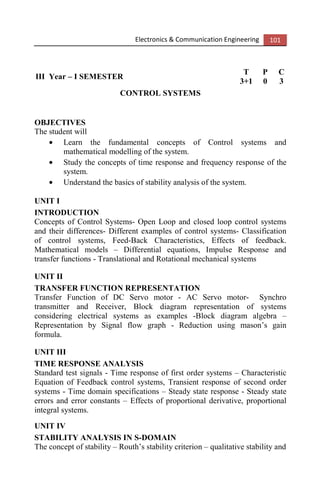 Electronics & Communication Engineering 101
III Year – I SEMESTER
T P C
3+1 0 3
CONTROL SYSTEMS
OBJECTIVES
The student will
• Learn the fundamental concepts of Control systems and
mathematical modelling of the system.
• Study the concepts of time response and frequency response of the
system.
• Understand the basics of stability analysis of the system.
UNIT I
INTRODUCTION
Concepts of Control Systems- Open Loop and closed loop control systems
and their differences- Different examples of control systems- Classification
of control systems, Feed-Back Characteristics, Effects of feedback.
Mathematical models – Differential equations, Impulse Response and
transfer functions - Translational and Rotational mechanical systems
UNIT II
TRANSFER FUNCTION REPRESENTATION
Transfer Function of DC Servo motor - AC Servo motor- Synchro
transmitter and Receiver, Block diagram representation of systems
considering electrical systems as examples -Block diagram algebra –
Representation by Signal flow graph - Reduction using mason’s gain
formula.
UNIT III
TIME RESPONSE ANALYSIS
Standard test signals - Time response of first order systems – Characteristic
Equation of Feedback control systems, Transient response of second order
systems - Time domain specifications – Steady state response - Steady state
errors and error constants – Effects of proportional derivative, proportional
integral systems.
UNIT IV
STABILITY ANALYSIS IN S-DOMAIN
The concept of stability – Routh’s stability criterion – qualitative stability and
 