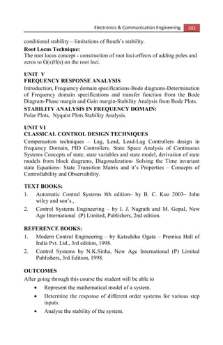 Electronics & Communication Engineering 102
conditional stability – limitations of Routh’s stability.
Root Locus Technique:
The root locus concept - construction of root loci-effects of adding poles and
zeros to G(s)H(s) on the root loci.
UNIT V
FREQUENCY RESPONSE ANALYSIS
Introduction, Frequency domain specifications-Bode diagrams-Determination
of Frequency domain specifications and transfer function from the Bode
Diagram-Phase margin and Gain margin-Stability Analysis from Bode Plots.
STABILITY ANALYSIS IN FREQUENCY DOMAIN:
Polar Plots, Nyquist Plots Stability Analysis.
UNIT VI
CLASSICAL CONTROL DESIGN TECHNIQUES
Compensation techniques – Lag, Lead, Lead-Lag Controllers design in
frequency Domain, PID Controllers. State Space Analysis of Continuous
Systems Concepts of state, state variables and state model, derivation of state
models from block diagrams, Diagonalization- Solving the Time invariant
state Equations- State Transition Matrix and it’s Properties – Concepts of
Controllability and Observability.
TEXT BOOKS:
1. Automatic Control Systems 8th edition– by B. C. Kuo 2003– John
wiley and son’s.,
2. Control Systems Engineering – by I. J. Nagrath and M. Gopal, New
Age International (P) Limited, Publishers, 2nd edition.
REFERENCE BOOKS:
1. Modern Control Engineering – by Katsuhiko Ogata – Prentice Hall of
India Pvt. Ltd., 3rd edition, 1998.
2. Control Systems by N.K.Sinha, New Age International (P) Limited
Publishers, 3rd Edition, 1998.
OUTCOMES
After going through this course the student will be able to
• Represent the mathematical model of a system.
• Determine the response of different order systems for various step
inputs.
• Analyse the stability of the system.
 