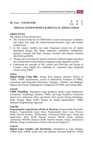 Electronics & Communication Engineering 103
III Year – I SEMESTER
T P C
3+1 0 3
DIGITAL SYSTEM DESIGN & DIGITAL IC APPLICATIONS
OBJECTIVES
The student will be introduced to
• The electrical behavior of CMOS both in static and dynamic conditions
and before that study the diode/transistor-transistor logic and Emitter
coupled logic.
• In this course, students can study Integrated circuits for all digital
operational designs like adder, subtractor, multipliers, multiplexers,
registers, counters, flip flops, encoders, decoders and memory elements
like RAM and ROM.
• Design and to develop the internal circuits for different digital operations
and simulate them using hardware languages using integrated circuits.
• Understand the concepts of SSI Latches and Flip-Flops and Design of
Counters using Digital ICs, modeling of sequential logic integrated
circuits using VHDL.
Unit-I:
Digital Design Using HDL: Design flow, program structure, History of
VHDL, VHDL requirements, Levels of Abstraction, Elements of VHDL,
Concurrent and Sequential Statements, Packages, Libraries and Bindings,
Objects and Classes, Subprograms, Comparison of VHDL and Verilog HDL.
Unit-II:
VHDL Modelling : Simulation, Logic Synthesis, Inside a logic Synthesizer,
Constraints, Technology Libraries, VHDL and Logic Synthesis, Functional
Gate-Level verification, Place and Route, Post Layout Timing Simulation,
Static Timing, Major Netlist formats for design representation, VHDL
Synthesis-Programming Approach.
Unit-III:
Programmable Logic Devices (PLDs) & Memories: Programmable Read Only
Memory, Programmable Logic Array, Programmable Array Logic Devices,
ROM: Internal structure, 2D-Decoding, Commercial ROM types, timing and
applications,. Static RAM: Internal structure, SRAM timing, standard,
synchronous SRAMS, Dynamic RAM: Internal structure, timing, synchronous
DRAMs. Design considerations of PLDs with relevant Digital ICs.
Unit-IV:
Digital Logic Families and Interfacing: Introduction to logic families,
CMOS logic, CMOS steady state and dynamic electrical behavior, CMOS
 