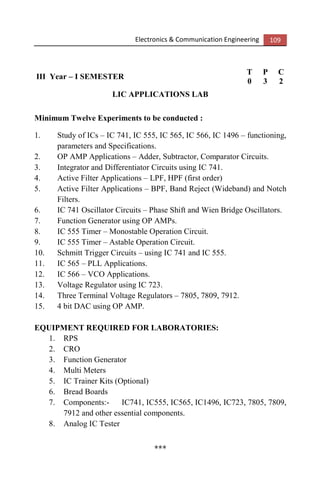 Electronics & Communication Engineering 109
III Year – I SEMESTER
T P C
0 3 2
LIC APPLICATIONS LAB
Minimum Twelve Experiments to be conducted :
1. Study of ICs – IC 741, IC 555, IC 565, IC 566, IC 1496 – functioning,
parameters and Specifications.
2. OP AMP Applications – Adder, Subtractor, Comparator Circuits.
3. Integrator and Differentiator Circuits using IC 741.
4. Active Filter Applications – LPF, HPF (first order)
5. Active Filter Applications – BPF, Band Reject (Wideband) and Notch
Filters.
6. IC 741 Oscillator Circuits – Phase Shift and Wien Bridge Oscillators.
7. Function Generator using OP AMPs.
8. IC 555 Timer – Monostable Operation Circuit.
9. IC 555 Timer – Astable Operation Circuit.
10. Schmitt Trigger Circuits – using IC 741 and IC 555.
11. IC 565 – PLL Applications.
12. IC 566 – VCO Applications.
13. Voltage Regulator using IC 723.
14. Three Terminal Voltage Regulators – 7805, 7809, 7912.
15. 4 bit DAC using OP AMP.
EQUIPMENT REQUIRED FOR LABORATORIES:
1. RPS
2. CRO
3. Function Generator
4. Multi Meters
5. IC Trainer Kits (Optional)
6. Bread Boards
7. Components:- IC741, IC555, IC565, IC1496, IC723, 7805, 7809,
7912 and other essential components.
8. Analog IC Tester
***
 