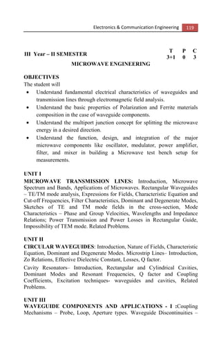 Electronics & Communication Engineering 119
III Year – II SEMESTER
T P C
3+1 0 3
MICROWAVE ENGINEERING
OBJECTIVES
The student will
• Understand fundamental electrical characteristics of waveguides and
transmission lines through electromagnetic field analysis.
• Understand the basic properties of Polarization and Ferrite materials
composition in the case of waveguide components.
• Understand the multiport junction concept for splitting the microwave
energy in a desired direction.
• Understand the function, design, and integration of the major
microwave components like oscillator, modulator, power amplifier,
filter, and mixer in building a Microwave test bench setup for
measurements.
UNIT I
MICROWAVE TRANSMISSION LINES: Introduction, Microwave
Spectrum and Bands, Applications of Microwaves. Rectangular Waveguides
– TE/TM mode analysis, Expressions for Fields, Characteristic Equation and
Cut-off Frequencies, Filter Characteristics, Dominant and Degenerate Modes,
Sketches of TE and TM mode fields in the cross-section, Mode
Characteristics – Phase and Group Velocities, Wavelengths and Impedance
Relations; Power Transmission and Power Losses in Rectangular Guide,
Impossibility of TEM mode. Related Problems.
UNIT II
CIRCULAR WAVEGUIDES: Introduction, Nature of Fields, Characteristic
Equation, Dominant and Degenerate Modes. Microstrip Lines– Introduction,
Zo Relations, Effective Dielectric Constant, Losses, Q factor.
Cavity Resonators– Introduction, Rectangular and Cylindrical Cavities,
Dominant Modes and Resonant Frequencies, Q factor and Coupling
Coefficients, Excitation techniques- waveguides and cavities, Related
Problems.
UNIT III
WAVEGUIDE COMPONENTS AND APPLICATIONS - I :Coupling
Mechanisms – Probe, Loop, Aperture types. Waveguide Discontinuities –
 