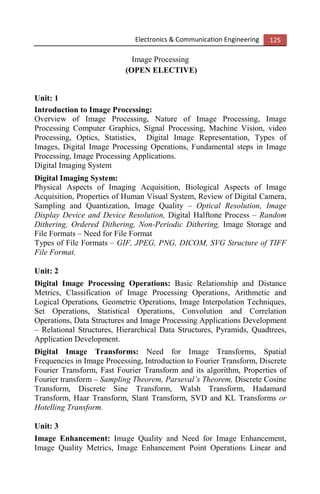 Electronics & Communication Engineering 125
Image Processing
(OPEN ELECTIVE)
Unit: 1
Introduction to Image Processing:
Overview of Image Processing, Nature of Image Processing, Image
Processing Computer Graphics, Signal Processing, Machine Vision, video
Processing, Optics, Statistics, Digital Image Representation, Types of
Images, Digital Image Processing Operations, Fundamental steps in Image
Processing, Image Processing Applications.
Digital Imaging System
Digital Imaging System:
Physical Aspects of Imaging Acquisition, Biological Aspects of Image
Acquisition, Properties of Human Visual System, Review of Digital Camera,
Sampling and Quantization, Image Quality – Optical Resolution, Image
Display Device and Device Resolution, Digital Halftone Process – Random
Dithering, Ordered Dithering, Non-Periodic Dithering, Image Storage and
File Formats – Need for File Format
Types of File Formats – GIF, JPEG, PNG, DICOM, SVG Structure of TIFF
File Format.
Unit: 2
Digital Image Processing Operations: Basic Relationship and Distance
Metrics, Classification of Image Processing Operations, Arithmetic and
Logical Operations, Geometric Operations, Image Interpolation Techniques,
Set Operations, Statistical Operations, Convolution and Correlation
Operations, Data Structures and Image Processing Applications Development
– Relational Structures, Hierarchical Data Structures, Pyramids, Quadtrees,
Application Development.
Digital Image Transforms: Need for Image Transforms, Spatial
Frequencies in Image Processing, Introduction to Fourier Transform, Discrete
Fourier Transform, Fast Fourier Transform and its algorithm, Properties of
Fourier transform – Sampling Theorem, Parseval’s Theorem, Discrete Cosine
Transform, Discrete Sine Transform, Walsh Transform, Hadamard
Transform, Haar Transform, Slant Transform, SVD and KL Transforms or
Hotelling Transform.
Unit: 3
Image Enhancement: Image Quality and Need for Image Enhancement,
Image Quality Metrics, Image Enhancement Point Operations Linear and
 