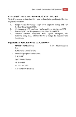 Electronics & Communication Engineering 131
PART-IV: INTERFACING WITH MICROCONTROLLER
Write C programs to interface 8051 chip to Interfacing modules to Develop
single chip solutions.
1. Simple Calculator using 6 digit seven segment display and Hex
Keyboard interface to 8051.
2. Alphanumeric LCD panel and Hex keypad input interface to 8051.
3. External ADC and Temperature control interface to 8051.
4. Generate different waveforms Sine, Square, Triangular, and
Rampetc. using DAC interface to 8051; change the frequency and
Amplitude.
EQUIPMENT REQUIRED FOR LABORATORY
1. MASM/TASM software 2. 8086 Microprocessor
Kits
1. 8051 Micro Controller kits
2. Interfaces/peripheral subsystems
i) 8259 PIC
ii) 8279-KB/Display
iii) 8255 PPI
iv) 8251 USART
5. A/D and D/AC Interface
 