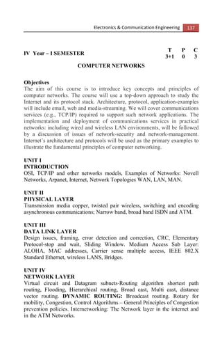Electronics & Communication Engineering 137
IV Year – I SEMESTER
T P C
3+1 0 3
COMPUTER NETWORKS
Objectives
The aim of this course is to introduce key concepts and principles of
computer networks. The course will use a top-down approach to study the
Internet and its protocol stack. Architecture, protocol, application-examples
will include email, web and media-streaming. We will cover communications
services (e.g., TCP/IP) required to support such network applications. The
implementation and deployment of communications services in practical
networks: including wired and wireless LAN environments, will be followed
by a discussion of issues of network-security and network-management.
Internet’s architecture and protocols will be used as the primary examples to
illustrate the fundamental principles of computer networking.
UNIT I
INTRODUCTION
OSI, TCP/IP and other networks models, Examples of Networks: Novell
Networks, Arpanet, Internet, Network Topologies WAN, LAN, MAN.
UNIT II
PHYSICAL LAYER
Transmission media copper, twisted pair wireless, switching and encoding
asynchronous communications; Narrow band, broad band ISDN and ATM.
UNIT III
DATA LINK LAYER
Design issues, framing, error detection and correction, CRC, Elementary
Protocol-stop and wait, Sliding Window. Medium Access Sub Layer:
ALOHA, MAC addresses, Carrier sense multiple access, IEEE 802.X
Standard Ethernet, wireless LANS, Bridges.
UNIT IV
NETWORK LAYER
Virtual circuit and Datagram subnets-Routing algorithm shortest path
routing, Flooding, Hierarchical routing, Broad cast, Multi cast, distance
vector routing. DYNAMIC ROUTING: Broadcast routing. Rotary for
mobility, Congestion, Control Algorithms – General Principles of Congestion
prevention policies. Internetworking: The Network layer in the internet and
in the ATM Networks.
 