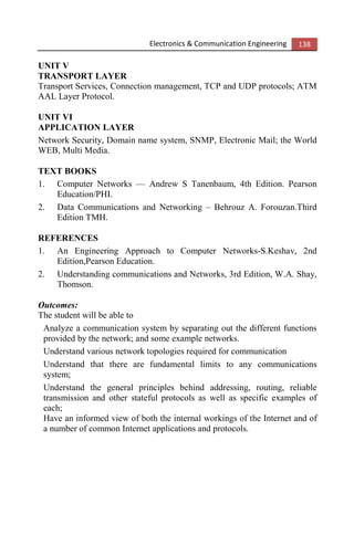Electronics & Communication Engineering 138
UNIT V
TRANSPORT LAYER
Transport Services, Connection management, TCP and UDP protocols; ATM
AAL Layer Protocol.
UNIT VI
APPLICATION LAYER
Network Security, Domain name system, SNMP, Electronic Mail; the World
WEB, Multi Media.
TEXT BOOKS
1. Computer Networks — Andrew S Tanenbaum, 4th Edition. Pearson
Education/PHI.
2. Data Communications and Networking – Behrouz A. Forouzan.Third
Edition TMH.
REFERENCES
1. An Engineering Approach to Computer Networks-S.Keshav, 2nd
Edition,Pearson Education.
2. Understanding communications and Networks, 3rd Edition, W.A. Shay,
Thomson.
Outcomes:
The student will be able to
Analyze a communication system by separating out the different functions
provided by the network; and some example networks.
Understand various network topologies required for communication
Understand that there are fundamental limits to any communications
system;
Understand the general principles behind addressing, routing, reliable
transmission and other stateful protocols as well as specific examples of
each;
Have an informed view of both the internal workings of the Internet and of
a number of common Internet applications and protocols.
 