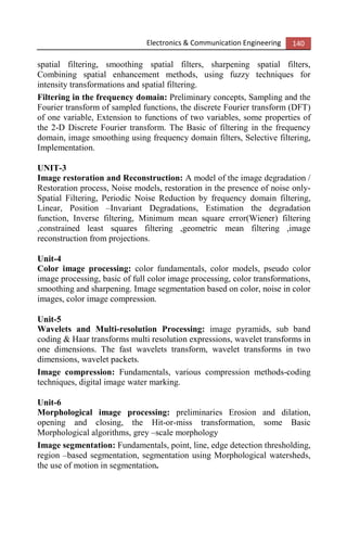 Electronics & Communication Engineering 140
spatial filtering, smoothing spatial filters, sharpening spatial filters,
Combining spatial enhancement methods, using fuzzy techniques for
intensity transformations and spatial filtering.
Filtering in the frequency domain: Preliminary concepts, Sampling and the
Fourier transform of sampled functions, the discrete Fourier transform (DFT)
of one variable, Extension to functions of two variables, some properties of
the 2-D Discrete Fourier transform. The Basic of filtering in the frequency
domain, image smoothing using frequency domain filters, Selective filtering,
Implementation.
UNIT-3
Image restoration and Reconstruction: A model of the image degradation /
Restoration process, Noise models, restoration in the presence of noise only-
Spatial Filtering, Periodic Noise Reduction by frequency domain filtering,
Linear, Position –Invariant Degradations, Estimation the degradation
function, Inverse filtering, Minimum mean square error(Wiener) filtering
,constrained least squares filtering ,geometric mean filtering ,image
reconstruction from projections.
Unit-4
Color image processing: color fundamentals, color models, pseudo color
image processing, basic of full color image processing, color transformations,
smoothing and sharpening. Image segmentation based on color, noise in color
images, color image compression.
Unit-5
Wavelets and Multi-resolution Processing: image pyramids, sub band
coding & Haar transforms multi resolution expressions, wavelet transforms in
one dimensions. The fast wavelets transform, wavelet transforms in two
dimensions, wavelet packets.
Image compression: Fundamentals, various compression methods-coding
techniques, digital image water marking.
Unit-6
Morphological image processing: preliminaries Erosion and dilation,
opening and closing, the Hit-or-miss transformation, some Basic
Morphological algorithms, grey –scale morphology
Image segmentation: Fundamentals, point, line, edge detection thresholding,
region –based segmentation, segmentation using Morphological watersheds,
the use of motion in segmentation.
 