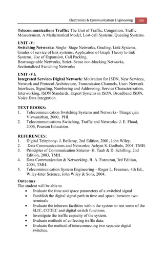 Electronics & Communication Engineering 145
Telecommunications Traffic: The Unit of Traffic, Congestion, Traffic
Measurement, A Mathematical Model, Lost-call Systems, Queuing Systems.
UNIT -V:
Switching Networks: Single- Stage Networks, Grading, Link Systems,
Grades of service of link systems, Application of Graph Theory to link
Systems, Use of Expansion, Call Packing,
Rearrange-able Networks, Strict- Sense non-blocking Networks,
Sectionalized Switching Networks
UNIT -VI:
Integrated Services Digital Network: Motivation for ISDN, New Services,
Network and Protocol Architecture, Transmission Channels, User- Network
Interfaces, Signaling, Numbering and Addressing, Service Characterization,
Interworking, ISDN Standards, Expert Systems in ISDN, Broadband ISDN,
Voice Data Integration.
TEXT BOOKS:
1. Telecommunication Switching Systems and Networks- Thiagarajan
Viswanathan, 2000, PHI.
2. Telecommunications Switching, Traffic and Networks- J. E. Flood,
2006, Pearson Education.
REFERENCES:
1. Digital Telephony- J. Bellamy, 2nd Edition, 2001, John Wiley.
2. Data Communications and Networks- Achyut S. Godbole, 2004, TMH.
3. Principles of Communication Ststems- H. Taub & D. Schilling, 2nd
Edition, 2003, TMH.
4. Data Communication & Networking- B. A. Forouzan, 3rd Edition,
2004, TMH.
5. Telecommunication System Engineering – Roger L. Freeman, 4th Ed.,
Wiley-Inter Science, John Wiley & Sons, 2004.
Outcomes
The student will be able to
• Evaluate the time and space parameters of a switched signal
• Establish the digital signal path in time and space, between two
terminals
• Evaluate the inherent facilities within the system to test some of the
SLIC, CODEC and digital switch functions.
• Investigate the traffic capacity of the system.
• Evaluate methods of collecting traffic data.
• Evaluate the method of interconnecting two separate digital
switches.
 