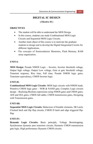Electronics & Communication Engineering 157
DIGITAL IC DESIGN
( Elective II )
OBJECTIVES
• The student will be able to understand the MOS Design.
• In this course, students can study Combinational MOS Logic
Circuits and Sequential MOS Logic Circuits.
• Another main object of this course is to motivate the graduate
students to design and to develop the Digital Integreated Circuits for
different Applications.
• The concepts of Semiconductor Memories, Flash Memory, RAM
array organization.
UNIT-I:
MOS Design: Pseudo NMOS Logic – Inverter, Inverter threshold voltage,
Output high voltage, Output Low voltage, Gain at gate threshold voltage,
Transient response, Rise time, Fall time, Pseudo NMOS logic gates,
Transistor equivalency, CMOS Inverter logic.
UNIT-II:
Combinational MOS Logic Circuits: MOS logic circuits with NMOS loads,
Primitive CMOS logic gates – NOR & NAND gate, Complex Logic circuits
design – Realizing Boolean expressions using NMOS gates and CMOS gates,
AOI and OIA gates, CMOS full adder, CMOS transmission gates, Designing
with Transmission gates.
UNIT-III:
Sequential MOS Logic Circuits: Behaviour of bistable elements, SR Latch,
Clocked latch and flip flop circuits, CMOS D latch and edge triggered flip-
flop.
UNIT-IV:
Dynamic Logic Circuits: Basic principle, Voltage Bootstrapping,
Synchronous dynamic pass transistor circuits, Dynamic CMOS transmission
gate logic, High performance Dynamic CMOS circuits.
 