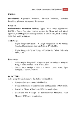 Electronics & Communication Engineering 158
UNIT-V:
Interconnect: Capacitive Parasitics, Resistive Parasitics, Inductive
Parasitics, Advanced Interconncet Techniques.
UNIT-VI:
Semiconductor Memories: Memory Types, RAM array organization,
DRAM – Types, Operation, Leakage currents in DRAM cell and refresh
operation, SRAM operation Leakage currents in SRAM cells, Flash Memory-
NOR flash and NAND flash.
Text Books:
1. Digital Integrated Circuits – A Design Perspective, Jan M. Rabaey,
Anantha Chandrakasan, Borivoje Nikolic, 2nd
Ed., PHI.
2. Digital Integrated Circuit Design – Ken Martin, Oxford University
Press, 2011.
References:
1. CMOS Digital Integrated Circuits Analysis and Design – Sung-Mo
Kang, Yusuf Leblebici, TMH, 3rd
Ed., 2011.
2. CMOS VLSI Design – Neil H.E Weste, David harris, Ayan
Banerjee 3rd
Edition, Pearson
OUTCOMES
After going through this course the student will be able to
• Understand the concepts of MOS Design.
• Design and analysis of Combinational and Sequential MOS Circuits.
• Extend the Digital IC Design to Different Applications.
• Understand the Concepts of Semiconductor Memories, Flash
Memory, RAM array organization.
 