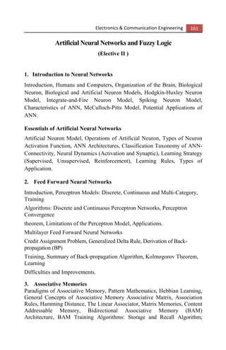 Electronics & Communication Engineering 161
Artificial Neural Networks and Fuzzy Logic
(Elective II )
1. Introduction to Neural Networks
Introduction, Humans and Computers, Organization of the Brain, Biological
Neuron, Biological and Artificial Neuron Models, Hodgkin-Huxley Neuron
Model, Integrate-and-Fire Neuron Model, Spiking Neuron Model,
Characteristics of ANN, McCulloch-Pitts Model, Potential Applications of
ANN.
Essentials of Artificial Neural Networks
Artificial Neuron Model, Operations of Artificial Neuron, Types of Neuron
Activation Function, ANN Architectures, Classification Taxonomy of ANN-
Connectivity, Neural Dynamics (Activation and Synaptic), Learning Strategy
(Supervised, Unsupervised, Reinforcement), Learning Rules, Types of
Application.
2. Feed Forward Neural Networks
Introduction, Perceptron Models: Discrete, Continuous and Multi-Category,
Training
Algorithms: Discrete and Continuous Perceptron Networks, Perceptron
Convergence
theorem, Limitations of the Perceptron Model, Applications.
Multilayer Feed Forward Neural Networks
Credit Assignment Problem, Generalized Delta Rule, Derivation of Back-
propagation (BP)
Training, Summary of Back-propagation Algorithm, Kolmogorov Theorem,
Learning
Difficulties and Improvements.
3. Associative Memories
Paradigms of Associative Memory, Pattern Mathematics, Hebbian Learning,
General Concepts of Associative Memory Associative Matrix, Association
Rules, Hamming Distance, The Linear Associator, Matrix Memories, Content
Addressable Memory, Bidirectional Associative Memory (BAM)
Architecture, BAM Training Algorithms: Storage and Recall Algorithm,
 