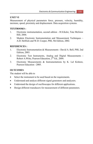 Electronics & Communication Engineering 172
UNIT VI
Measurement of physical parameters force, pressure, velocity, humidity,
moisture, speed, proximity and displacement. Data acquisition systems.
TEXTBOOKS :
1. Electronic instrumentation, second edition - H.S.Kalsi, Tata McGraw
Hill, 2004.
2. Modern Electronic Instrumentation and Measurement Techniques –
A.D. Helfrick and W.D. Cooper, PHI, 5th Edition, 2002.
REFERENCES :
1. Electronic Instrumentation & Measurements - David A. Bell, PHI, 2nd
Edition, 2003.
2. Electronic Test Instruments, Analog and Digital Measurements -
Robert A.Witte, Pearson Education, 2nd
Ed., 2004.
3. Electronic Measurements & Instrumentations by K. Lal Kishore,
Pearson Education - 2005.
OUTCOMES
The student will be able to
• Select the instrument to be used based on the requirements.
• Understand and analyze different signal generators and analyzers.
• Understand the design of oscilloscopes for different applications.
• Design different transducers for measurement of different parameters.
 