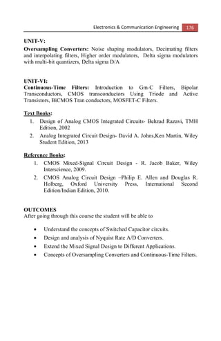 Electronics & Communication Engineering 176
UNIT-V:
Oversampling Converters: Noise shaping modulators, Decimating filters
and interpolating filters, Higher order modulators, Delta sigma modulators
with multi-bit quantizers, Delta sigma D/A
UNIT-VI:
Continuous-Time Filters: Introduction to Gm-C Filters, Bipolar
Transconductors, CMOS transconductors Using Triode and Active
Transistors, BiCMOS Tran conductors, MOSFET-C Filters.
Text Books:
1. Design of Analog CMOS Integrated Circuits- Behzad Razavi, TMH
Edition, 2002
2. Analog Integrated Circuit Design- David A. Johns,Ken Martin, Wiley
Student Edition, 2013
Reference Books:
1. CMOS Mixed-Signal Circuit Design - R. Jacob Baker, Wiley
Interscience, 2009.
2. CMOS Analog Circuit Design –Philip E. Allen and Douglas R.
Holberg, Oxford University Press, International Second
Edition/Indian Edition, 2010.
OUTCOMES
After going through this course the student will be able to
• Understand the concepts of Switched Capacitor circuits.
• Design and analysis of Nyquist Rate A/D Converters.
• Extend the Mixed Signal Design to Different Applications.
• Concepts of Oversampling Converters and Continuous-Time Filters.
 