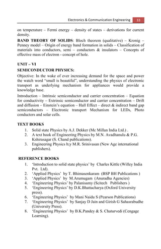 Electronics & Communication Engineering 33
on temperature – Fermi energy – density of states – derivations for current
density.
BAND THEORY OF SOLIDS: Bloch theorem (qualitative) – Kronig –
Penney model – Origin of energy band formation in solids – Classification of
materials into conductors, semi – conductors & insulators – Concepts of
effective mass of electron - concept of hole.
UNIT – VI
SEMICONDUCTOR PHYSICS:
Objective: In the wake of ever increasing demand for the space and power
the watch word “small is beautiful”, understanding the physics of electronic
transport as underlying mechanism for appliances would provide a
knowledge base.
Introduction – Intrinsic semiconductor and carrier concentration – Equation
for conductivity – Extrinsic semiconductor and carrier concentration – Drift
and diffusion – Einstein’s equation – Hall Effect – direct & indirect band gap
semiconductors – Electronic transport Mechanism for LEDs, Photo
conductors and solar cells.
TEXT BOOKS
1. Solid state Physics by A.J. Dekker (Mc Millan India Ltd.) .
2. A text book of Engineering Physics by M.N. Avadhanulu & P.G.
Kshirasagar (S. Chand publications).
3. Engineering Physics b;y M.R. Srinivasan (New Age international
publishers).
REFERENCE BOOKS
1. ‘Introduction to solid state physics’ by Charles Kittle (Willey India
Pvt. Ltd).
2. ‘Applied Physics’ by T. Bhimasenkaram (BSP BH Publications )
3. ‘Applied Physics’ by M.Arumugam (Anuradha Agencies)
4. ‘Engineering Physics’ by Palanisamy (Scitech Publishers )
5. ‘Engineering Physics’ by D.K.Bhattacharya (Oxford University
press).
6. ‘Engineering Physics’ by Mani Naidu S (Pearson Publications)
7. ‘Engineering Physics’ by Sanjay D Jain and Girish G Sahasrabudhe
(University Press).
8. ‘Engineering Physics’ by B.K.Pandey & S. Chaturvedi (Cengage
Learning).
 