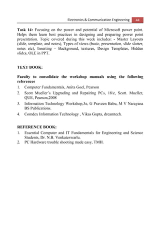 Electronics & Communication Engineering 44
Task 14: Focusing on the power and potential of Microsoft power point.
Helps them learn best practices in designing and preparing power point
presentation. Topic covered during this week includes: - Master Layouts
(slide, template, and notes), Types of views (basic, presentation, slide slotter,
notes etc), Inserting – Background, textures, Design Templates, Hidden
slides, OLE in PPT.
TEXT BOOK:
Faculty to consolidate the workshop manuals using the following
references
1. Computer Fundamentals, Anita Goel, Pearson
2. Scott Mueller’s Upgrading and Repairing PCs, 18/e, Scott. Mueller,
QUE, Pearson,2008
3. Information Technology Workshop,3e, G Praveen Babu, M V Narayana
BS Publications.
4. Comdex Information Technology , Vikas Gupta, dreamtech.
REFERENCE BOOK:
1. Essential Computer and IT Fundamentals for Engineering and Science
Students, Dr. N.B. Venkateswarlu.
2. PC Hardware trouble shooting made easy, TMH.
 