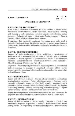 Electronics & Communication Engineering 51
I Year – II SEMESTER
T P C
3+1 0 3
ENGINEERING CHEMISTRY
UNIT-I: WATER TECHNOLOGY
Hard Water – Estimation of hardness by EDTA method – Potable water-
Sterilization and Disinfection – Boiler feed water – Boiler troubles – Priming
and foaming , scale formation, corrosion, caustic embrittlement, turbine
deposits – Softening of water – Lime soda, Zeolite processes – Reverse
osmosis – Electro Dialysis, Ion exchange process.
Objectives : For prospective engineers knowledge about water used in
industries (boilers etc.) and for drinking purposes is useful; hence chemistry
of hard water, boiler troubles and modern methods of softening hard water is
introduced.
UNIT-II : ELECTROCHEMISTRY
Concept of Ionic conductance – Ionic Mobilities – Applications of
Kohlrausch law – Conductometric titrations – Galvanic cells – Electrode
potentials – Nernst equation – Electrochemical series – Potentiometric
titrations – Concentration cells – Ion selective electrode –Glass electrodes –
Fluoride electrode; Batteries and Fuel cells.
Objectives : Knowledge of galvanic cells, electrode potentials, concentration
cells is necessary for engineers to understand corrosion problem and its
control ; also this knowledge helps in understanding modern bio-sensors, fuel
cells and improve them.
UNIT-III : CORROSION
Causes and effects of corrosion – theories of corrosion (dry, chemical and
electrochemical corrosion) – Factors affecting corrosion – Corrosion control
methods – Cathodic protection –Sacrificial Anodic, Impressed current
methods – Surface coatings – Methods of application on metals (Hot dipping,
Galvanizing, tinning, Cladding, Electroplating, Electroless plating) – Organic
surface coatings – Paints – Their constituents and their functions.
Objectives : the problems associated with corrosion are well known and the
engineers must be aware of these problems and also how to counter them
UNIT-IV : HIGH POLYMERS
Types of Polymerization – Stereo regular Polymers – Physical and
Mechanical properties of polymers – Plastics – Thermoplastics and thermo
setting plastics – Compounding and Fabrication of plastics – Preparation and
 