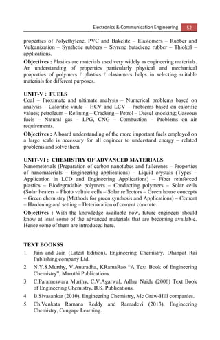 Electronics & Communication Engineering 52
properties of Polyethylene, PVC and Bakelite – Elastomers – Rubber and
Vulcanization – Synthetic rubbers – Styrene butadiene rubber – Thiokol –
applications.
Objectives : Plastics are materials used very widely as engineering materials.
An understanding of properties particularly physical and mechanical
properties of polymers / plastics / elastomers helps in selecting suitable
materials for different purposes.
UNIT-V : FUELS
Coal – Proximate and ultimate analysis – Numerical problems based on
analysis – Calorific vaule – HCV and LCV – Problems based on calorific
values; petroleum – Refining – Cracking – Petrol – Diesel knocking; Gaseous
fuels – Natural gas – LPG, CNG – Combustion – Problems on air
requirements.
Objectives : A board understanding of the more important fuels employed on
a large scale is necessary for all engineer to understand energy – related
problems and solve them.
UNIT-VI : CHEMISTRY OF ADVANCED MATERIALS
Nanometerials (Preparation of carbon nanotubes and fullerenes – Properties
of nanomaterials – Engineering applications) – Liquid crystals (Types –
Application in LCD and Engineering Applications) – Fiber reinforced
plastics – Biodegradable polymers – Conducting polymers – Solar cells
(Solar heaters – Photo voltaic cells – Solar reflectors – Green house concepts
– Green chemistry (Methods for green synthesis and Applications) – Cement
– Hardening and setting – Deterioration of cement concrete.
Objectives : With the knowledge available now, future engineers should
know at least some of the advanced materials that are becoming available.
Hence some of them are introduced here.
TEXT BOOKSS
1. Jain and Jain (Latest Edition), Engineering Chemistry, Dhanpat Rai
Publishing company Ltd.
2. N.Y.S.Murthy, V.Anuradha, KRamaRao “A Text Book of Engineering
Chemistry”, Maruthi Publications.
3. C.Parameswara Murthy, C.V.Agarwal, Adhra Naidu (2006) Text Book
of Engineering Chemistry, B.S. Publications.
4. B.Sivasankar (2010), Engineering Chemistry, Mc Graw-Hill companies.
5. Ch.Venkata Ramana Reddy and Ramadevi (2013), Engineering
Chemistry, Cengage Learning.
 