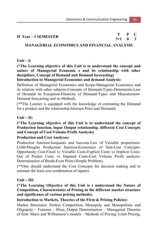 Electronics & Communication Engineering 65
II Year – I SEMESTER
T P C
3+1 0 3
MANAGERIAL ECONOMICS AND FINANCIAL ANALYSIS
Unit – I:
(*The Learning objective of this Unit is to understand the concept and
nature of Managerial Economic s and its relationship with other
disciplines, Concept of Demand and Demand forecasting)
Introduction to Managerial Economics and demand Analysis:
Definition of Managerial Economics and Scope-Managerial Economics and
its relation with other subjects-Concepts of Demand-Types-Determents-Law
of Demand its Exception-Elasticity of Demand-Types and Measurement-
Demand forecasting and its Methods.
(**The Learner is equipped with the knowledge of estimating the Demand
for a product and the relationship between Price and Demand).
Unit – II:
(*The Learning objective of this Unit is to understand the concept of
Production function, Input Output relationship, different Cost Concepts
and Concept of Cost-Volume-Profit Analysis)
Production and Cost Analyses:
Production function-Isoquants and Isocosts-Law of Variable proportions-
Cobb-Douglas Production function-Economics of Sale-Cost Concepts-
Opportunity Cost-Fixed vs Variable Costs-Explicit Costs vs Implicit Costs-
Out of Pocket Costs vs Imputed Costs-Cost Volume Profit analysis-
Determination of Break-Even Point (Simple Problem).
(**One should understand the Cost Concepts for decision making and to
estimate the least cost combination of inputs).
Unit – III:
(*The Learning Objective of this Unit is t understand the Nature of
Competition, Characteristics of Pricing in the different market structure
and significance of various pricing methods).
Introduction to Markets, Theories of the Firm & Pricing Policies:
Market Structures: Perfect Competition, Monopoly and Monopolistic and
Oligopoly – Features – Price, Output Determination – Managerial Theories
of firm: Maris and Williamson’s models – Methods of Pricing: Limit Pricing,
 