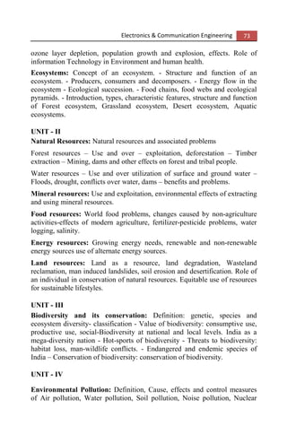 Electronics & Communication Engineering 73
ozone layer depletion, population growth and explosion, effects. Role of
information Technology in Environment and human health.
Ecosystems: Concept of an ecosystem. - Structure and function of an
ecosystem. - Producers, consumers and decomposers. - Energy flow in the
ecosystem - Ecological succession. - Food chains, food webs and ecological
pyramids. - Introduction, types, characteristic features, structure and function
of Forest ecosystem, Grassland ecosystem, Desert ecosystem, Aquatic
ecosystems.
UNIT - II
Natural Resources: Natural resources and associated problems
Forest resources – Use and over – exploitation, deforestation – Timber
extraction – Mining, dams and other effects on forest and tribal people.
Water resources – Use and over utilization of surface and ground water –
Floods, drought, conflicts over water, dams – benefits and problems.
Mineral resources: Use and exploitation, environmental effects of extracting
and using mineral resources.
Food resources: World food problems, changes caused by non-agriculture
activities-effects of modern agriculture, fertilizer-pesticide problems, water
logging, salinity.
Energy resources: Growing energy needs, renewable and non-renewable
energy sources use of alternate energy sources.
Land resources: Land as a resource, land degradation, Wasteland
reclamation, man induced landslides, soil erosion and desertification. Role of
an individual in conservation of natural resources. Equitable use of resources
for sustainable lifestyles.
UNIT - III
Biodiversity and its conservation: Definition: genetic, species and
ecosystem diversity- classification - Value of biodiversity: consumptive use,
productive use, social-Biodiversity at national and local levels. India as a
mega-diversity nation - Hot-sports of biodiversity - Threats to biodiversity:
habitat loss, man-wildlife conflicts. - Endangered and endemic species of
India – Conservation of biodiversity: conservation of biodiversity.
UNIT - IV
Environmental Pollution: Definition, Cause, effects and control measures
of Air pollution, Water pollution, Soil pollution, Noise pollution, Nuclear
 