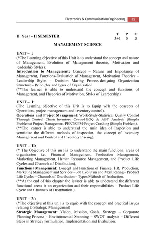 Electronics & Communication Engineering 85
II Year – II SEMESTER
T P C
3+1 0 3
MANAGEMENT SCIENCE
UNIT – I:
(*The Learning objective of this Unit is to understand the concept and nature
of Management, Evolution of Management theories, Motivation and
leadership Styles).
Introduction to Management: Concept – Nature and Importance of
Management, Functions-Evaluation of Management, Motivation Theories –
Leadership Styles – Decision Making Process-designing Organization
Structure – Principles and types of Organization.
(**The learner is able to understand the concept and functions of
Management, and Theeories of Motivation, Styles of Leardership)
UNIT – II:
(The Learning objective of this Unit is to Equip with the concepts of
Operations, project management and inventory control).
Operations and Project Management: Work-Study-Statistical Quality Control
Through Control Charts-Inventory Control-EOQ & ABC Analysis (Simple
Problems) Project Management-PERT/CPM-Project Crashing (Simple Problem).
(**The learner is able to understand the main idea of Inspection and
scrutinize the different methods of inspection, the concept of Inventory
Management and Control and Inventory Pricing).
UNIT – III:
(* The Objective of this unit is to understand the main functional areas of
organization i.e., Financial Management, Production Management,
Marketing Management, Human Resource Management, and Product Life
Cycles and Channels of Distribution).
Functional Management: Concept and Functions of Finance, HR, Production,
Marketing Management and Services – Job Evolution and Merit Rating – Product
Life Cycles – Channels of Distribution – Types/Methods of Production.
(**At the end of this chapter the learner is able to understand the different
functional areas in an organization and their responsibilities – Product Life
Cycle and Channels of Distribution.).
UNIT – IV:
(*The objective of this unit is to equip with the concept and practical issues
relating to Strategic Management)
Strategic Management: Vision, Mission, Goals, Strategy – Corporate
Planning Process – Environmental Scanning – SWOT analysis – Different
Steps in Strategy Formulation, Implementation and Evaluation.
 