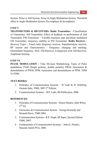 Electronics & Communication Engineering 94
System, Noise in AM System, Noise in Angle Modulation System, Threshold
effect in Angle Modulation System, Pre-emphasis & de-emphasis.
UNIT V
TRANSMITTERS & RECEIVERS: Radio Transmitter - Classification
of Transmitter, AM Transmitter, Effect of feedback on performance of AM
Transmitter, FM Transmitter – Variable reactance type and phase modulated
FM Transmitter, frequency stability in FM Transmitter. Radio Receiver -
Receiver Types - Tuned radio frequency receiver, Superhetrodyne receiver,
RF section and Characteristics - Frequency changing and tracking,
Intermediate frequency, AGC, FM Receiver, Comparison with AM Receiver,
Amplitude limiting.
UNIT VI
PULSE MODULATION : Time Division Multiplexing, Types of Pulse
modulation, PAM (Single polarity, double polarity) PWM: Generation &
demodulation of PWM, PPM, Generation and demodulation of PPM, TDM
Vs FDM.
TEXT BOOKS:
1. Principles of Communication Systems – H Taub & D. Schilling,
Gautam Sahe, TMH, 2007 3rd
Edition.
2. Communication Systems – B.P. Lathi, BS Publication, 2006.
REFERENCES:
1. Principles of Communication Systems - Simon Haykin, John Wiley,
2nd
Ed.
2. Electronics & Communication System – George Kennedy and
Bernard Davis, TMH 2004.
3. Communication Systems– R.P. Singh, SP Sapre, Second Edition
TMH, 2007.
4. Fundamentals of Communication Systems - John G. Proakis,
Masond, Salehi PEA, 2006.
 