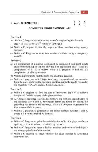 Electronics & Communication Engineering 62
I Year – II SEMESTER
T P C
0 3 2
COMPUTER PROGRAMMING LAB
Exercise l
a) Write a C Program to calculate the area of triangle using the formula
area = ( s (s-a) (s-b)(s-c))1/2
where s= (a+b+c)/2
b) Write a C program to find the largest of three numbers using ternary
operator.
c) Write a C Program to swap two numbers without using a temporary
variable.
Exercise 2
a) 2’s complement of a number is obtained by scanning it from right to left
and complementing all the bits after the first appearance of a 1. Thus 2’s
complement of 11100 is 00100. Write a C program to find the 2’s
complement of a binary number.
b) Write a C program to find the roots of a quadratic equation.
c) Write a C program, which takes two integer operands and one operator
form the user, performs the operation and then prints the result. (Consider
the operators +,-,*, /, % and use Switch Statement)
Exercise 3
a) Write a C program to find the sum of individual digits of a positive
integer and find the reverse of the given number.
b) A Fibonacci sequence is defined as follows: the first and second terms in
the sequence are 0 and 1. Subsequent terms are found by adding the
preceding two terms in the sequence. Write a C program to generate the
first n terms of the seqence.
c) Write a C program to generate all the prime numbers between 1 and n,
where n is a value supplied by the user.
Exercise 4
a) Write a C Program to print the multiplication table of a given number n
up to a given value, where n is entered by the user.
b) Write a C Program to enter a decimal number, and calculate and display
the binary equivalent of that number.
c) Write a C Program to check whether the given number is Armstrong
number or not.
 