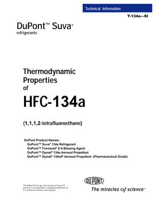 T-134a—SI
Technical Information
Thermodynamic
Properties
of
HFC-134a
(1,1,1,2-tetrafluoroethane)
The DuPont Oval Logo, The miracles of science™,
and Suva®
, are trademarks or registered trademarks of
E.I. du Pont de Nemours and Company.
DuPont™
Suva®
refrigerants
DuPont Product Names:
DuPont™ Suva®
134a Refrigerant
DuPont™ Formacel®
Z-4 Blowing Agent
DuPont™ Dymel®
134a Aerosol Propellant
DuPont™ Dymel®
134a/P Aerosol Propellant (Pharmaceutical Grade)
 