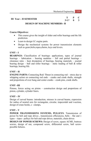 Mechanical Engineering 119
III Year – II SEMESTER
T P C
3+1* 0 3
DESIGN OF MACHINE MEMBERS– II
Course Objectives:
• This course gives the insight of slider and roller bearings and the life
prediction.
• Learn to design I.C engine parts.
• Design the mechanical systems for power transmission elements
such as gears,belts,ropes,chains, keys and levers.
UNIT – I
BEARINGS: Classification of bearings- applications, types of journal
bearings – lubrication – bearing modulus – full and partial bearings –
clearance ratio – heat dissipation of bearings, bearing materials – journal
bearing design – ball and roller bearings – static loading of ball & roller
bearings, bearing life.
UNIT – II
ENGINE PARTS: Connecting Rod: Thrust in connecting rod – stress due to
whipping action on connecting rod ends – cranks and crank shafts, strength
and proportions of over hung and center cranks – crank pins, crank shafts.
UNIT –III
Pistons, forces acting on piston – construction design and proportions of
piston, cylinder, cylinder liners.
UNIT – IV
Design of curved beams: introduction, stresses in curved beams, expression
for radius of neutral axis for rectangular, circular, trapezoidal and t-section,
design of crane hooks, c –clamps.
UNIT – V
POWER TRANSMISSIONS SYSTEMS, PULLEYS: Transmission of
power by belt and rope drives , transmission efficiencies, belts – flat and v
types – ropes - pulleys for belt and rope drives, materials, chain drives
DESIGN OF POWER SCREWS: Design of screw, square ACME, buttress
screws, design of nut, compound screw, differential screw, ball screw-
possible failures.
 