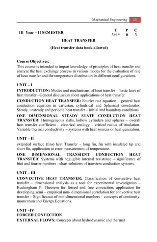 Mechanical Engineering 123
III Year – II SEMESTER
T P C
3+1* 0 3
HEAT TRANSFER
(Heat transfer data book allowed)
Course Objectives:
This course is intended to impart knowledge of principles of heat transfer and
analyze the heat exchange process in various modes for the evaluation of rate
of heat transfer and the temperature distribution in different configurations.
UNIT – I
INTRODUCTION: Modes and mechanisms of heat transfer – basic laws of
heat transfer –General discussion about applications of heat transfer.
CONDUCTION HEAT TRANSFER: Fourier rate equation – general heat
conduction equation in cartesian, cylindrical and Spherical coordinates.
Steady, unsteady and periodic heat transfer – initial and boundary conditions.
ONE DIMENSIONAL STEADY STATE CONDUCTION HEAT
TRANSFER: Homogeneous slabs, hollow cylinders and spheres – overall
heat transfer coefficient – electrical analogy – critical radius of insulation-
Variable thermal conductivity – systems with heat sources or heat generation.
UNIT – II
extended surface (fins) heat Transfer – long fin, fin with insulated tip and
short fin, application to error measurement of temperature.
ONE DIMENSIONAL TRANSIENT CONDUCTION HEAT
TRANSFER: Systems with negligible internal resistance – significance of
biot and fourier numbers - chart solutions of transient conduction systems.
UNIT – III
CONVECTIVE HEAT TRANSFER: Classification of convective heat
transfer – dimensional analysis as a tool for experimental investigation –
Buckingham Pi Theorem for forced and free convection, application for
developing semi – empirical non- dimensional correlation for convective heat
transfer – Significance of non-dimensional numbers – concepts of continuity,
momentum and Energy Equations.
UNIT –IV
FORCED CONVECTION
EXTERNAL FLOWS: Concepts about hydrodynamic and thermal
 
