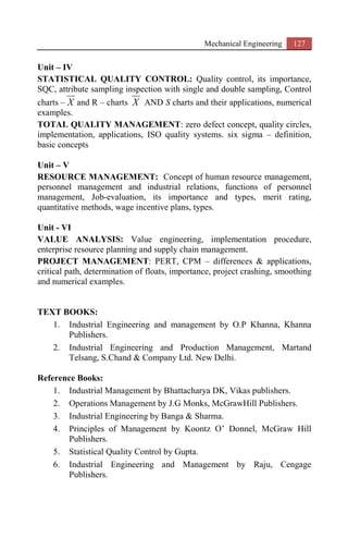 Mechanical Engineering 127
Unit – IV
STATISTICAL QUALITY CONTROL: Quality control, its importance,
SQC, attribute sampling inspection with single and double sampling, Control
charts – X and R – charts X AND S charts and their applications, numerical
examples.
TOTAL QUALITY MANAGEMENT: zero defect concept, quality circles,
implementation, applications, ISO quality systems. six sigma – definition,
basic concepts
Unit – V
RESOURCE MANAGEMENT: Concept of human resource management,
personnel management and industrial relations, functions of personnel
management, Job-evaluation, its importance and types, merit rating,
quantitative methods, wage incentive plans, types.
Unit - VI
VALUE ANALYSIS: Value engineering, implementation procedure,
enterprise resource planning and supply chain management.
PROJECT MANAGEMENT: PERT, CPM – differences & applications,
critical path, determination of floats, importance, project crashing, smoothing
and numerical examples.
TEXT BOOKS:
1. Industrial Engineering and management by O.P Khanna, Khanna
Publishers.
2. Industrial Engineering and Production Management, Martand
Telsang, S.Chand & Company Ltd. New Delhi.
Reference Books:
1. Industrial Management by Bhattacharya DK, Vikas publishers.
2. Operations Management by J.G Monks, McGrawHill Publishers.
3. Industrial Engineering by Banga & Sharma.
4. Principles of Management by Koontz O’ Donnel, McGraw Hill
Publishers.
5. Statistical Quality Control by Gupta.
6. Industrial Engineering and Management by Raju, Cengage
Publishers.
 