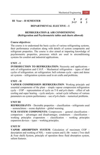 Mechanical Engineering 129
III Year – II SEMESTER
T P C
3+1* 0 3
DEPARTMENTAL ELECTIVE – I
REFRIGERATION & AIR CONDITIONING
(Refrigeration and Psychrometric tables and charts allowed)
Course objectives:
The course is to understand the basic cycles of various refrigerating systems,
their performance evaluation along with details of system components and
refrigerant properties. The course is also aimed at imparting knowledge of
psychrometric properties, processes which are used in airconditioning
systems for comfort and industrial applications.
UNIT – I
INTRODUCTION TO REFRIGERATION: Necessity and applications –
unit of refrigeration and C.O.P. – Mechanical refrigeration – types of ideal
cycles of refrigeration. air refrigeration: bell coleman cycle - open and dense
air systems – refrigeration systems used in air crafts and problems.
UNIT – II
VAPOUR COMPRESSION REFRIGERATION: Working principle and
essential components of the plant – simple vapour compression refrigeration
cycle – COP – representation of cycle on T-S and p-h charts – effect of sub
cooling and super heating – cycle analysis – actual cycle influence of various
parameters on system performance – use of p-h charts – numerical problems.
UNIT III
REFRIGERANTS – Desirable properties – classification - refrigerants used
– nomenclature – ozone depletion – global warming.
VCR SYSTEM COMPONENTS: Compressors – general classification –
comparison – advantages and disadvantages. condensers – classification –
working principles evaporators – classification – working principles
expansion devices – types – working principles.
UNIT IV
VAPOR ABSORPTION SYSTEM: Calculation of maximum COP –
description and working of NH3 – water system and Li Br –water ( Two shell
& Four shell) System, principle of operation three fluid absorption system,
salient features.
 