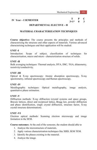 Mechanical Engineering 151
IV Year – I SEMESTER
T P C
3+1* 0 3
DEPARTMENTAL ELECTIVE – II
MATERIAL CHARACTERIZATION TECHNIQUES
Course objective: The course presents the principles and methods of
characterizing the structure and other aspects of materials. Various advanced
characterizing techniques and their application will be studied.
UNIT -I
Introduction: Scope of subject, classification of techniques for
characterization, macro and micro - characterization structure of solids.
UNIT -II
Bulk averaging techniques: Thermal analysis, DTA, DSC, TGA, dilatometry,
resistivity/conductivity.
UNIT -III
Optical & X-ray spectroscopy: Atomic absorption spectroscopy, X-ray
spectrometry, infrared spectroscopy and Raman spectroscopy.
UNIT -IV
Metallographic techniques: Optical metallography, image analysis,
quantitative phase estimation.
UNIT -V
Diffraction methods: X-ray diffraction (crystal systems and space groups,
Bravais lattices, direct and reciprocal lattice, Bragg law, powder diffraction
and phase identification, single crystal diffraction, structure factor, X-ray
crystal structure determination).
UNIT -VI
Electron optical methods: Scanning electron microscopy and image
formation in the SEM.
Course outcomes: At the end of the semester, the student should able to
1. Analyze the microstructure of materials.
2. Apply various characterization techniques like XRD, SEM TEM.
3. Identify the phases existing in the material.
4. Analyze the image.
 