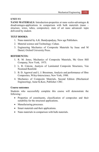 Mechanical Engineering 172
UNIT-VI
NANO MATERIALS: Introduction-properties at nano scales-advantages &
disadvantages-applications in comparison with bulk materials (nano –
structure, wires, tubes, composites). state of art nano advanced- topic
delivered by student.
TEXT BOOKS:
1. Nano material by A.K. Bandyopadyay, New age Publishers.
2. Material science and Technology- Cahan.
3. Engineering Mechanics of Composite Materials by Isaac and M
Daniel, Oxford University Press.
REFERENCES:
1. R. M. Jones, Mechanics of Composite Materials, Mc Graw Hill
Company, New York, 1975.
2. L. R. Calcote, Analysis of Laminated Composite Structures, Van
Nostrand Rainfold.
3. B. D. Agarwal and L. J. Broutman, Analysis and performance of fibre
Composites, Wiley-Interscience, New York, 1980.
4. Mechanics of Composite Materials, Second Edition (Mechanical
Engineering), Autar K.Kaw, Publisher: CRC.
Course outcomes
Students who successfully complete this course will demonstrate the
following :
• Properties of constituents, classification of composites and their
suitability for the structural applications.
• Manufacturing processes.
• Smart materials and their applications.
• Nano materials in comparison with bulk materials.
 