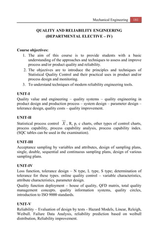 Mechanical Engineering 181
QUALITY AND RELIABILITY ENGINEERING
(DEPARTMENTAL ELECTIVE – IV)
Course objectives:
1. The aim of this course is to provide students with a basic
understanding of the approaches and techniques to assess and improve
process and/or product quality and reliability.
2. The objectives are to introduce the principles and techniques of
Statistical Quality Control and their practical uses in product and/or
process design and monitoring.
3. To understand techniques of modern reliability engineering tools.
UNIT-I
Quality value and engineering – quality systems – quality engineering in
product design and production process – system design – parameter design –
tolerance design, quality costs – quality improvement.
UNIT-II
Statistical process control	 X , R, p, c charts, other types of control charts,
process capability, process capability analysis, process capability index.
(SQC tables can be used in the examination).
UNIT-III
Acceptance sampling by variables and attributes, design of sampling plans,
single, double, sequential and continuous sampling plans, design of various
sampling plans.
UNIT-IV
Loss function, tolerance design – N type, L type, S type; determination of
tolerance for these types. online quality control – variable characteristics,
attribute characteristics, parameter design.
Quality function deployment – house of quality, QFD matrix, total quality
management concepts. quality information systems, quality circles,
introduction to ISO 9000 standards.
UNIT-V
Reliability – Evaluation of design by tests - Hazard Models, Linear, Releigh,
Weibull. Failure Data Analysis, reliability prediction based on weibull
distribution, Reliability improvement.
 