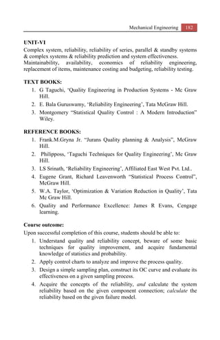 Mechanical Engineering 182
UNIT-VI
Complex system, reliability, reliability of series, parallel & standby systems
& complex systems & reliability prediction and system effectiveness.
Maintainability, availability, economics of reliability engineering,
replacement of items, maintenance costing and budgeting, reliability testing.
TEXT BOOKS:
1. G Taguchi, ‘Quality Engineering in Production Systems - Mc Graw
Hill.
2. E. Bala Guruswamy, ‘Reliability Engineering’, Tata McGraw Hill.
3. Montgomery “Statistical Quality Control : A Modern Introduction”
Wiley.
REFERENCE BOOKS:
1. Frank.M.Gryna Jr. “Jurans Quality planning & Analysis”, McGraw
Hill.
2. Philipposs, ‘Taguchi Techniques for Quality Engineering’, Mc Graw
Hill.
3. LS Srinath, ‘Reliability Engineering’, Affiliated East West Pvt. Ltd..
4. Eugene Grant, Richard Leavenworth “Statistical Process Control”,
McGraw Hill.
5. W.A. Taylor, ‘Optimization & Variation Reduction in Quality’, Tata
Mc Graw Hill.
6. Quality and Performance Excellence: James R Evans, Cengage
learning.
Course outcome:
Upon successful completion of this course, students should be able to:
1. Understand quality and reliability concept, beware of some basic
techniques for quality improvement, and acquire fundamental
knowledge of statistics and probability.
2. Apply control charts to analyze and improve the process quality.
3. Design a simple sampling plan, construct its OC curve and evaluate its
effectiveness on a given sampling process.
4. Acquire the concepts of the reliability, and calculate the system
reliability based on the given component connection; calculate the
reliability based on the given failure model.
 